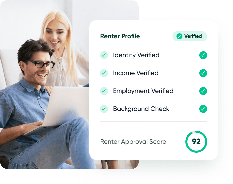 Couple looking at a laptop with a verified renter profile overlay